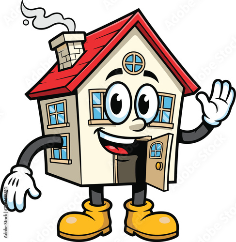 Cartoon house character, smiling home illustration, anthropomorphic building artwork, cheerful real estate mascot, cad drawing flat vector illustration, isolated design