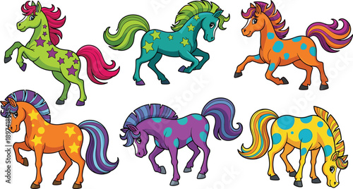 Cartoon pony characters, colorful fantasy illustration, magical star pattern artwork, children’s design vector, cad drawing flat vector illustration, isolated whimsical graphic