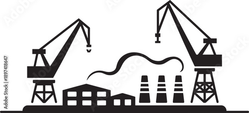Industrial landscape with large port cranes factory buildings and smoke from chimneys