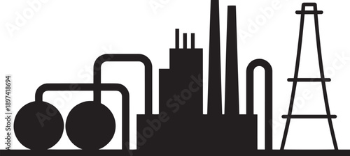 Industrial oil refinery silhouette with storage tanks, pipelines, and derrick on transparent background
