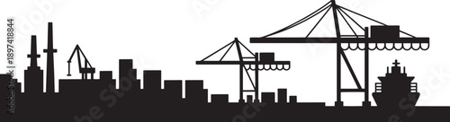 Industrial port silhouette with container cranes cargo ships and storage facilities