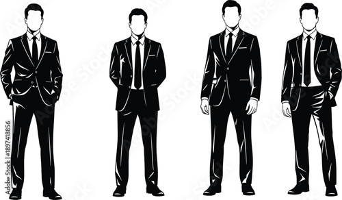 business, men, silhouette, suit, fashion, professional, corporate, confidence, leadership, elegance, formal, style, success, career, modern, black, white, illustration, vector, design