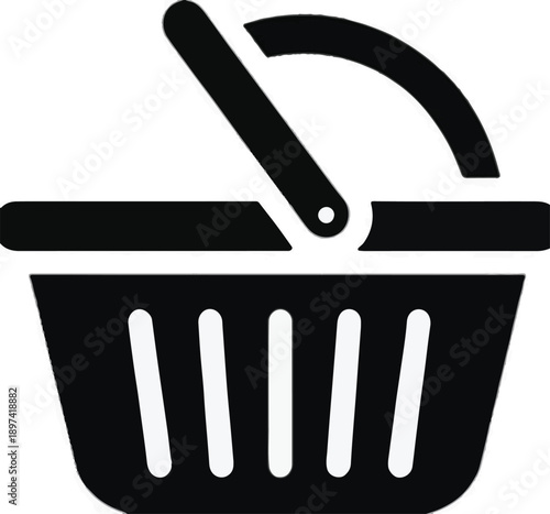 Black Silhouette of a Shopping Basket with Handle on White Background Keywords: shopping, basket, cart, retail, commerce, buy