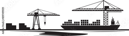 Industrial port with cranes and cargo ship loading containers vector illustration