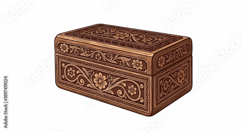 Intricately carved wooden box with floral patterns and scrollwork, isolated on a white background