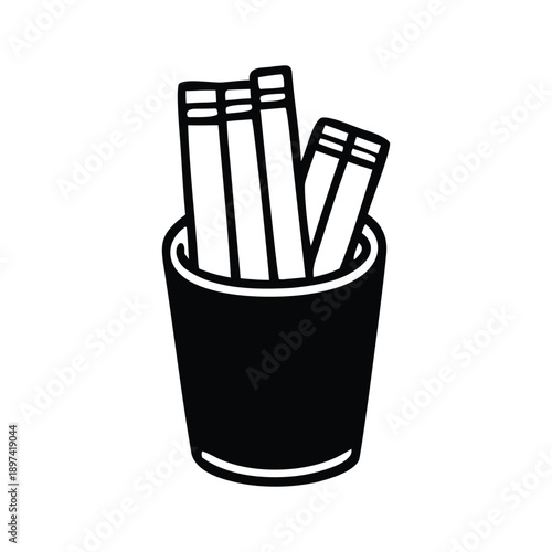 Minimalist vector illustration of office and school supplies, featuring a simple black silhouette icon of pencils neatly stored in a desk holder