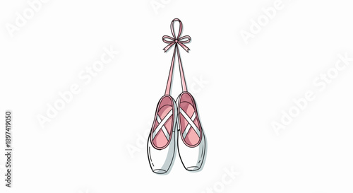 An illustration of a pair of pink ballet pointe shoes with ribbons, hanging from a bow