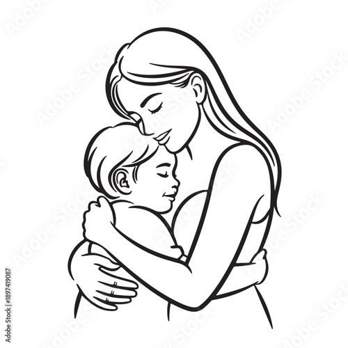 Continuous line drawing of a mother embracing her baby with tenderness, depicting maternal love and care, vector illustration isolated on white background