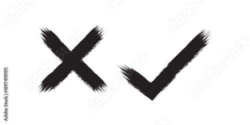 Tick Cross Grunge Simple Signs Black Stock Vector.