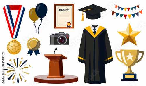 Graduation Ceremony Elements in Flat Vector Style for Education Events