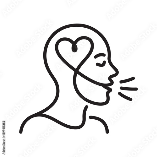 Mindful communication icon with heart and speaking profile for emotional intelligence honesty kind speech and empathy concept vector illustration art