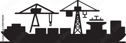 Large cargo ship silhouette being unloaded by container cranes at a port facility