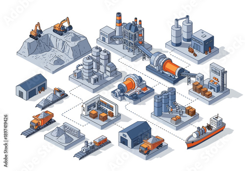 Industrial production process diagram illustrating raw material extraction to final product shipment