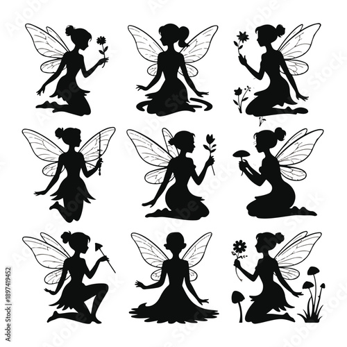 Set of fairy silhouettes with wings and flowers magic forest sprites collection for fantasy decoration elements and whimsical character design art