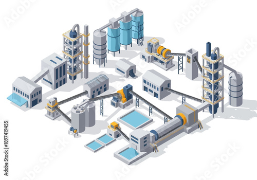Isometric industrial manufacturing plant with chemical processing equipment and storage silos
