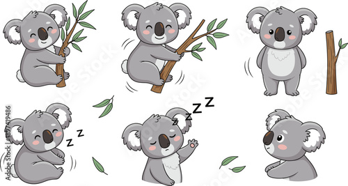 Cute Koala Cartoon Character Set Holding Eucalyptus Branch, Sleeping, Sitting, and Waving in Adorable Wildlife Vector Illustration Collection