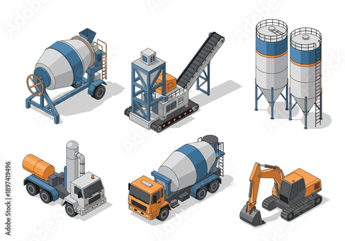 Isometric construction vehicles and equipment illustration