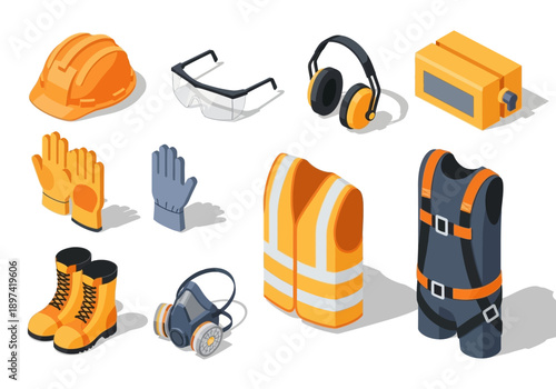 Set of personal protective equipment and safety items for construction workers