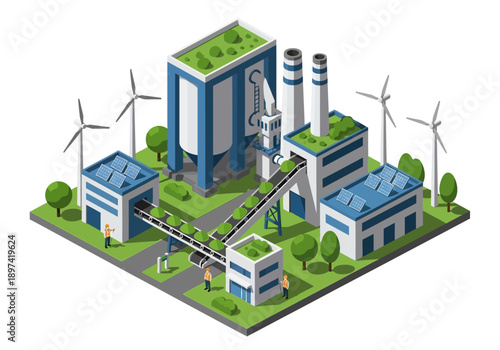 Modern industrial factory complex with wind turbines and solar panels showcasing green energy production