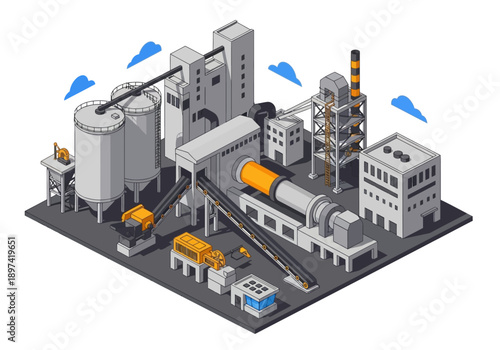 Industrial cement plant with large storage silos and a rotating kiln for manufacturing production