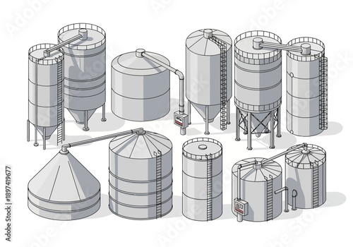 Collection of industrial silos used for grain and bulk storage