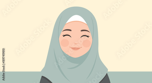 Flat Illustration Smiling Woman Wearing Hijab with Pastel Color Theme
