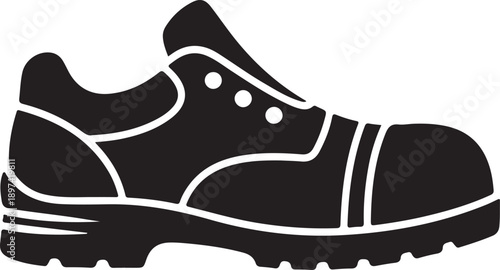 Blackandwhite illustration of a sneaker with laces and thick sole on transparent background