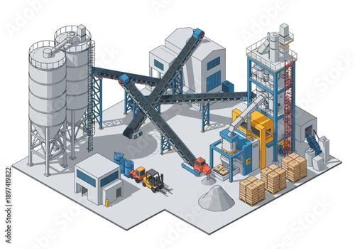 Isometric view of a concrete batching plant with conveyor belts and silos