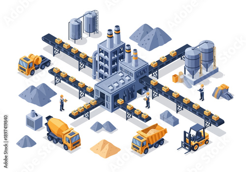 Industrial factory with trucks, forklifts, and construction materials, representing manufacturing and logistics
