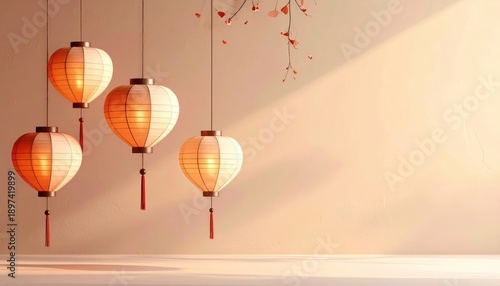 Heart-shaped lanterns, floating warm tones and minimal details, flat design 