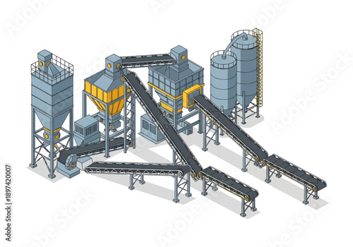 Industrial complex with silos and conveyor belts for material processing and transport