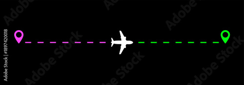Flight route of an airplane from one point to another, flight tracking, dotted line between points