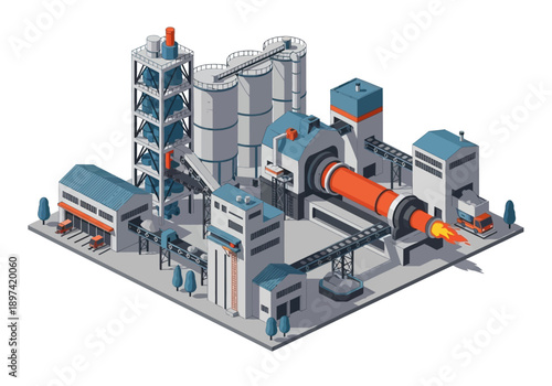 Industrial cement plant with a rotating kiln, silos, and factory buildings in an isometric view