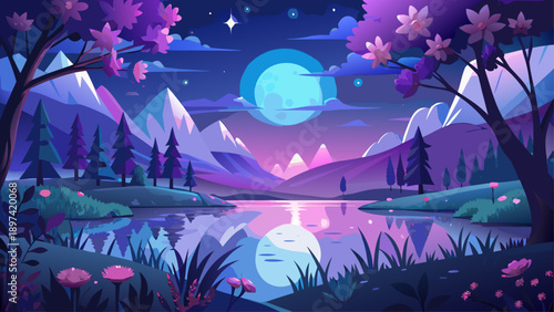 Very beautiful enchanting night landscape featuring a tranquil lake reflecting moonlight, surrounded by purple flowers, starry sky, and silhouetted trees forming a dreamy fantasy scene.