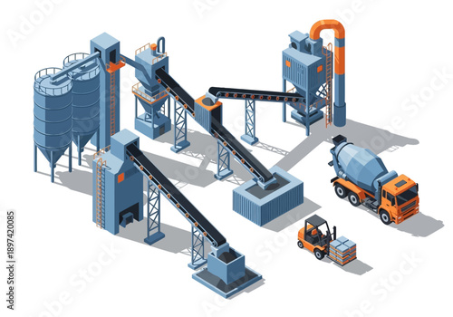Industrial construction material production plant with concrete mixer and forklift