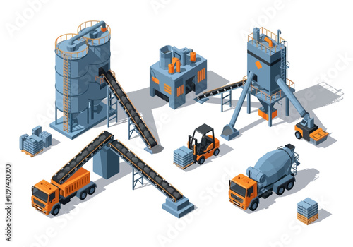 Industrial cement factory and construction site with machinery and equipment