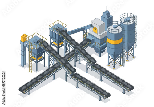 Industrial cement plant with conveyor belts for material transport and silos for storage, isometric view