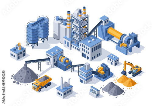 Industrial cement plant with machinery, trucks, and piles of raw materials