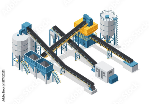 Industrial concrete batching plant with conveyor belts and silos for construction materials production