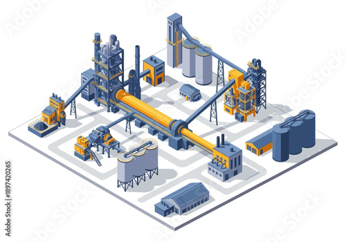Isometric illustration of an industrial cement production plant with silos and machinery