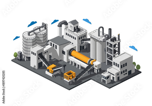 Isometric illustration of an industrial cement factory complex with processing machinery and storage silos