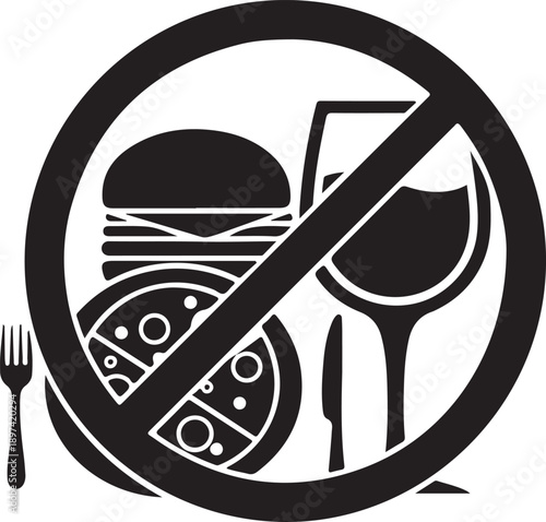 Prohibition sign indicating no food or drink is allowed in one graphic symbol
