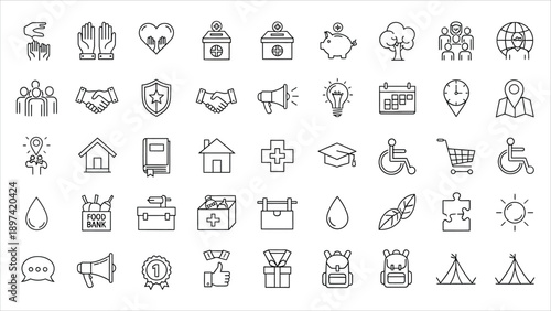 Volunteering icons set. Includes icons for helping hands, heart, donation box, community, support, care, group, charity, love, and teamwork. Perfect for infographics, mobile apps, and web design