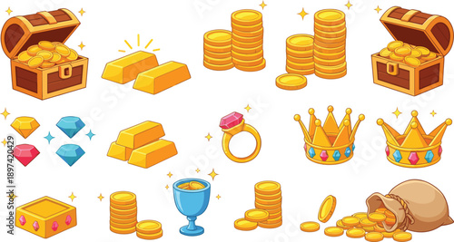 Treasure Gold Collection Illustration Set Featuring Coins, Bars, Chest, Crown, Ring, Gems, and Wealth Symbols for Fantasy Design