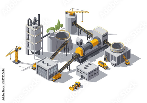 Industrial manufacturing plant with heavy machinery and construction equipment in isometric view