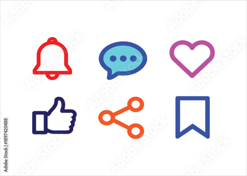 Vibrant collection of essential line art user interface icons representing common digital interactions like notifications, messages, likes, sharing, and bookmarking for modern app and web design