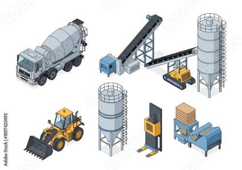 Isometric illustration of industrial construction machinery and equipment for heavy-duty work