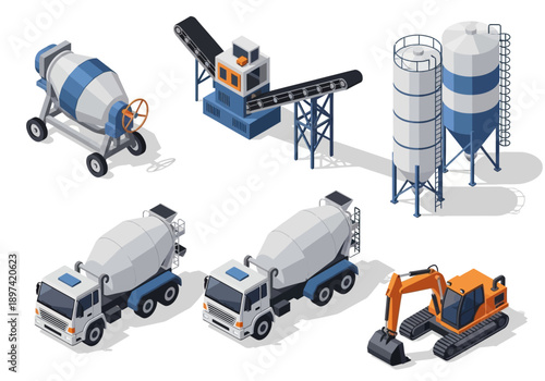 Construction equipment isometric vector illustration cement mixer, excavator, trucks, and silo
