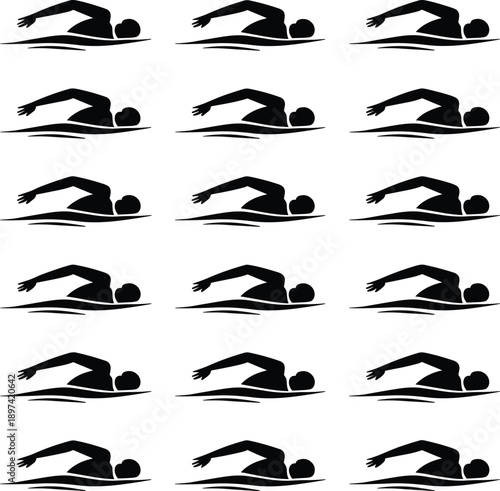 Abstract repeating freestyle swimmer silhouette pattern illustrating competitive swimming motion, aquatic sports background, minimalist black icon design for fitness, training, endurance 