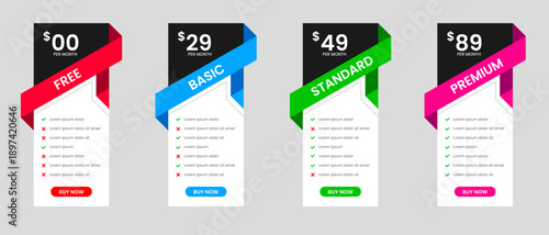 Professional four Tier Subscription website Price table template. business plan price list. product package price. Subscription Package Pricing Comparison. Minimalistic pricing list layout design.